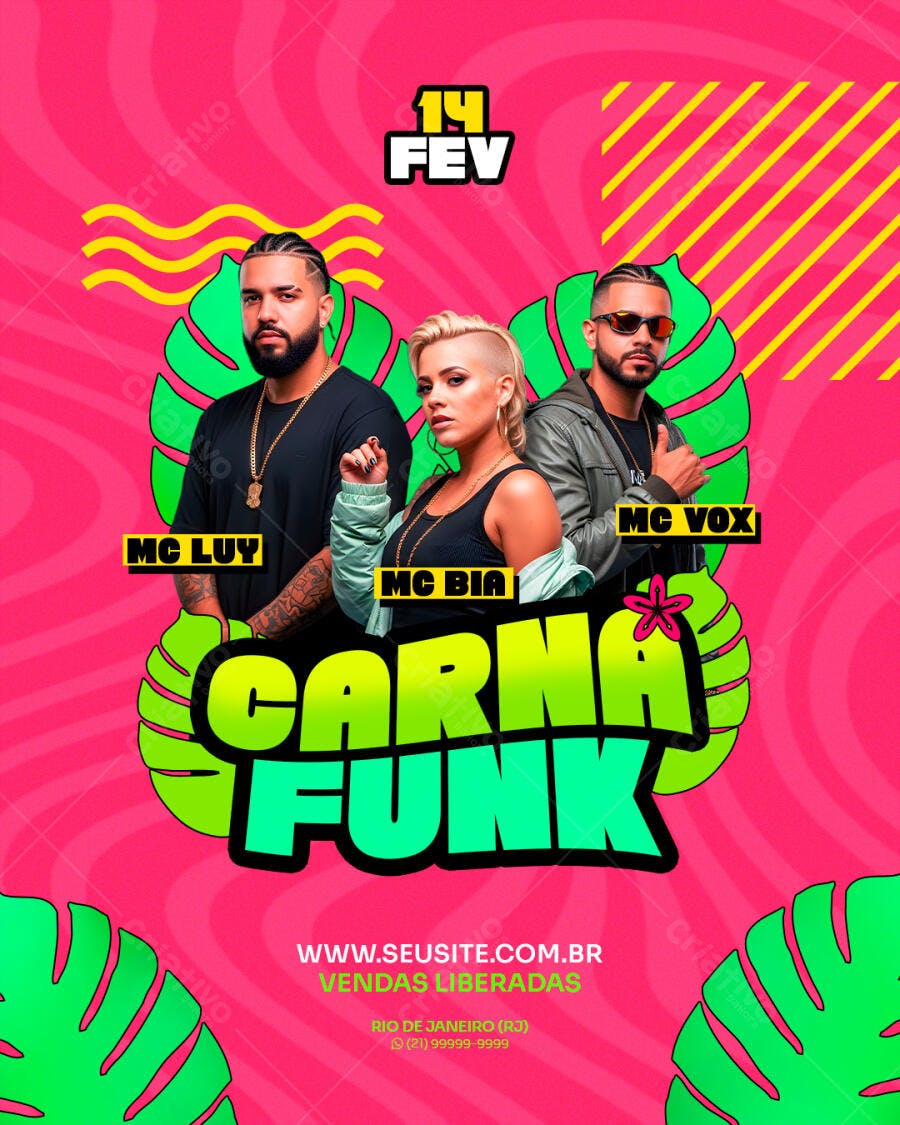 Flyer de Festa Carna Funk 14 FEV com MC Luy Bia Vox PSD Editável