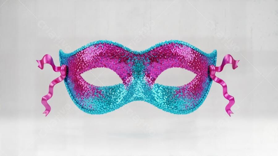Máscara de carnaval rosa e azul com glitter e fitas