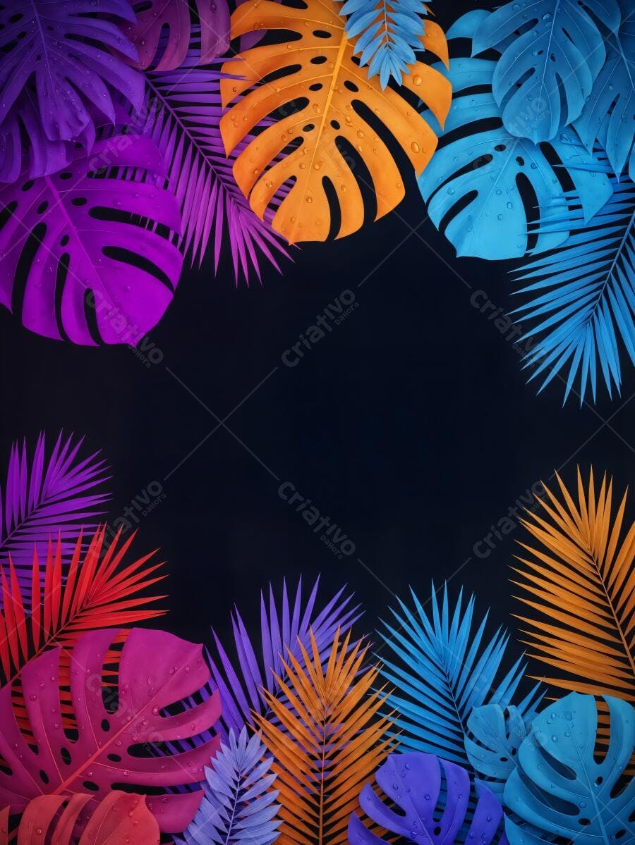 Folhas tropicais coloridas roxas laranjas azuis em fundo escuro com gotas de água