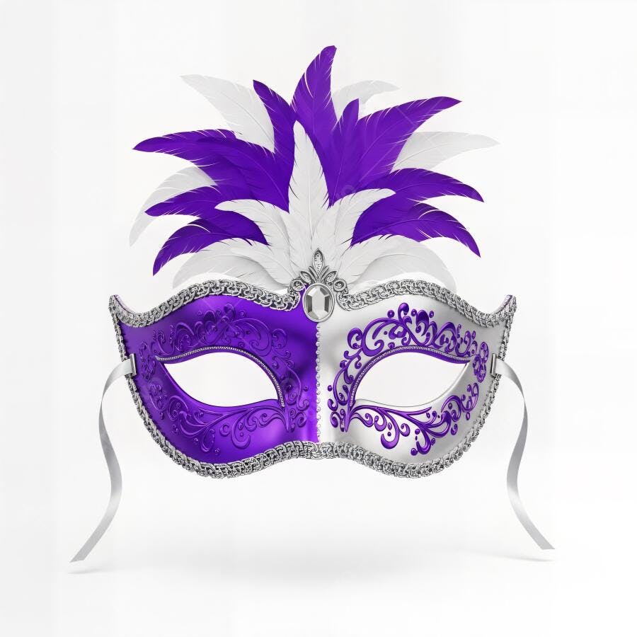 Máscara veneziana roxa e prata com plumas para carnaval