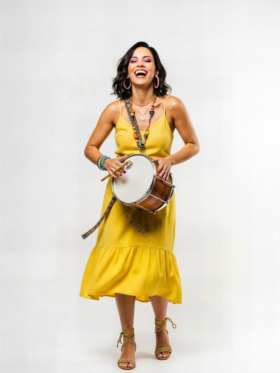 Mulher brasileira alegre tocando pandeiro com vestido amarelo em estúdio