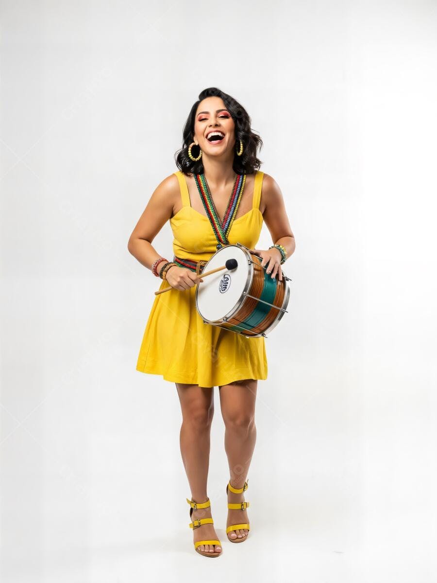 Mulher latina feliz tocando tambor em vestido amarelo vibrante