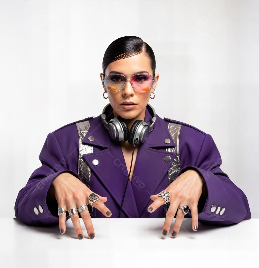 Mulher latina DJ com jaqueta roxa e fones prateados estilo estúdio
