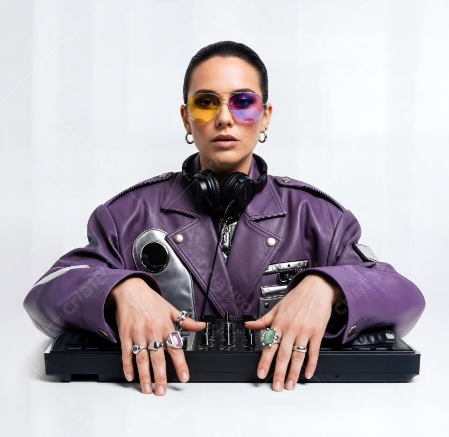 Mulher DJ com jaqueta roxa e óculos coloridos em estúdio