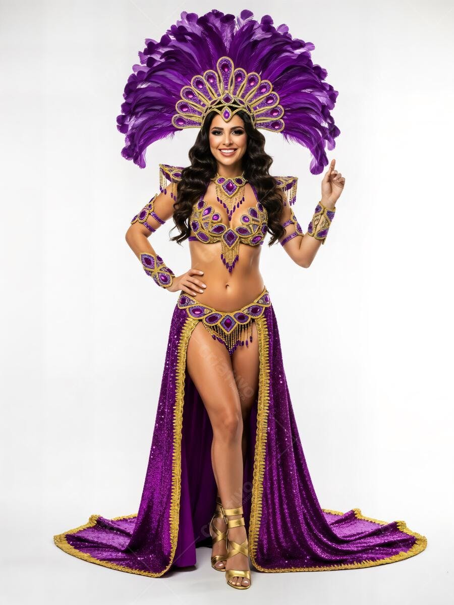 Mulher latina sorridente com fantasia roxa e dourada de carnaval em estúdio