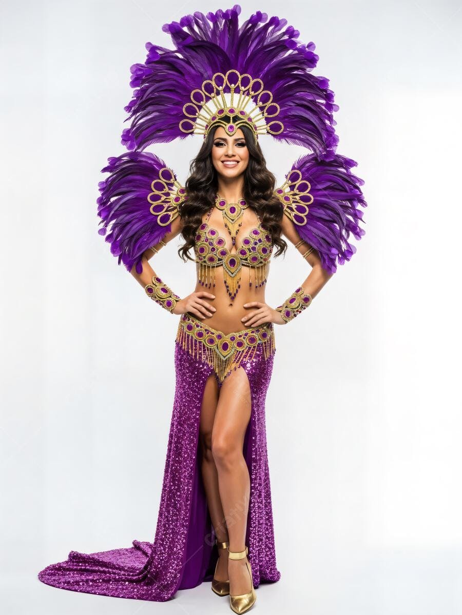 Mulher latina dançarina de samba com fantasia roxa e dourada em estúdio
