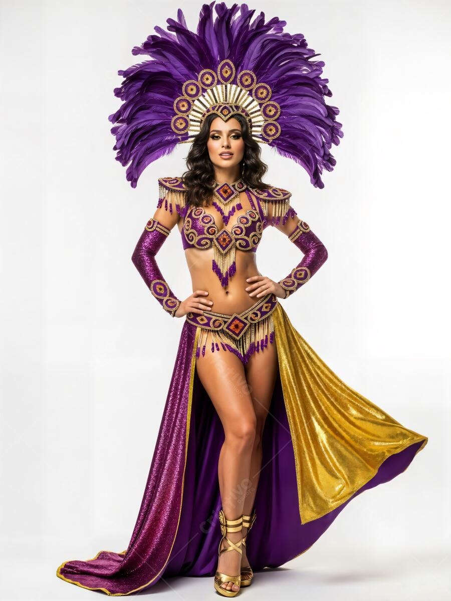 Mulher sambista latina em fantasia roxa e dourada de carnaval no estúdio