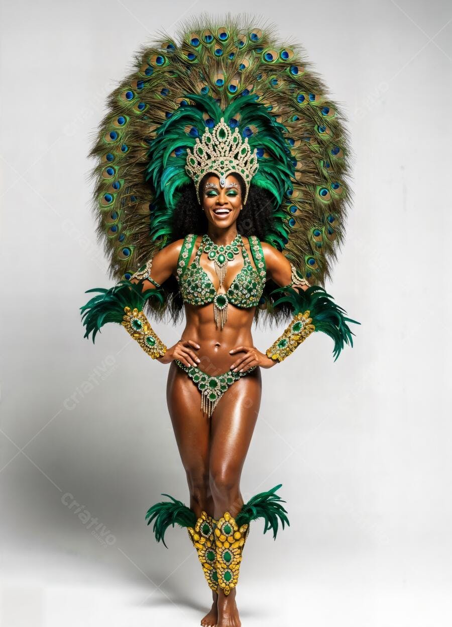Passista de carnaval brasileira em fantasia verde e dourada com penas de pavão sorrindo