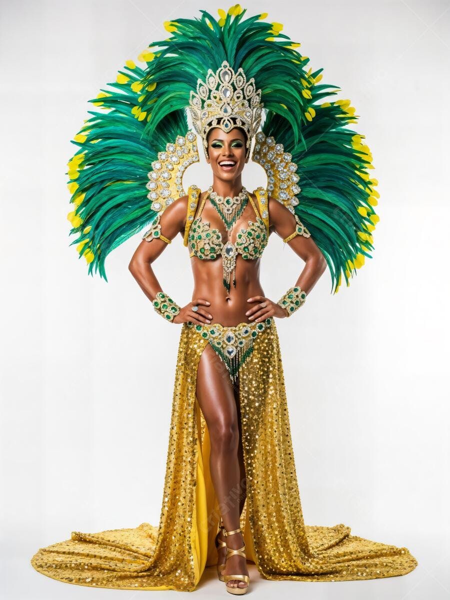 Passista de carnaval brasileira com fantasia verde e dourada sorrindo