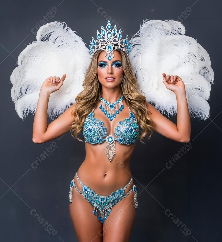 Mulher dançarina de samba loira com fantasia azul e coroa em estúdio para o carnaval