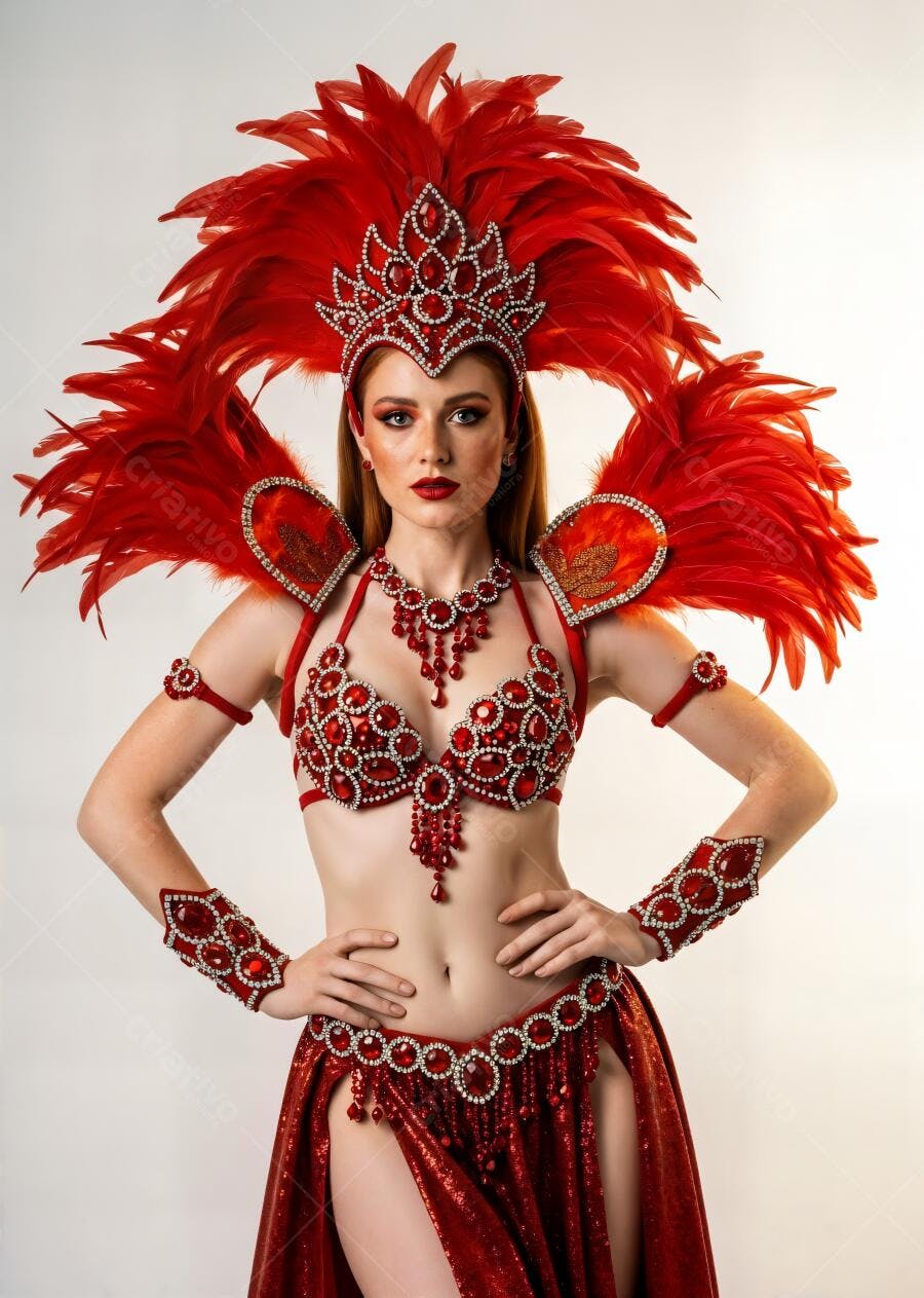 Mulher sambista ruiva em fantasia de carnaval vermelha luxuosa