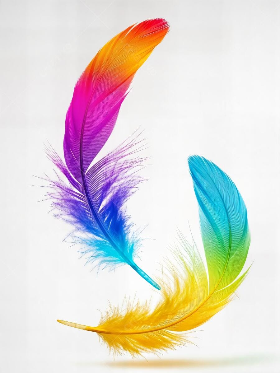 Penas coloridas vibrantes em fundo branco flutuando levemente