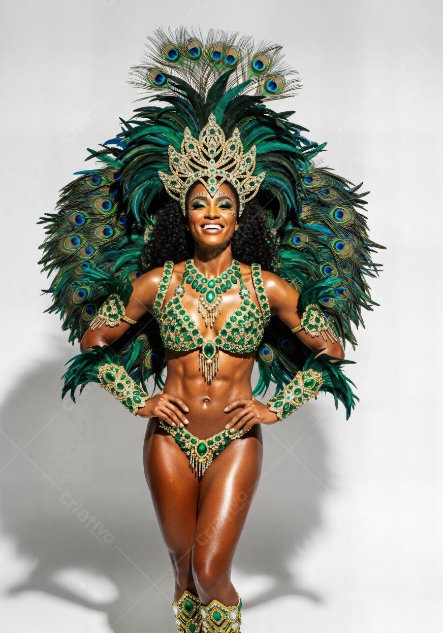 Mulher negra sorrindo com fantasia de carnaval verde e dourada luxuosa