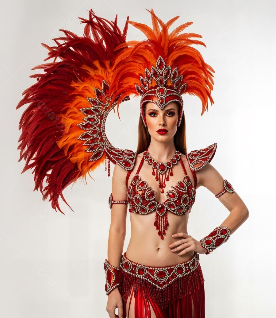 Dançarina de samba mulher em fantasia vermelha com penas laranjas e joias estúdio