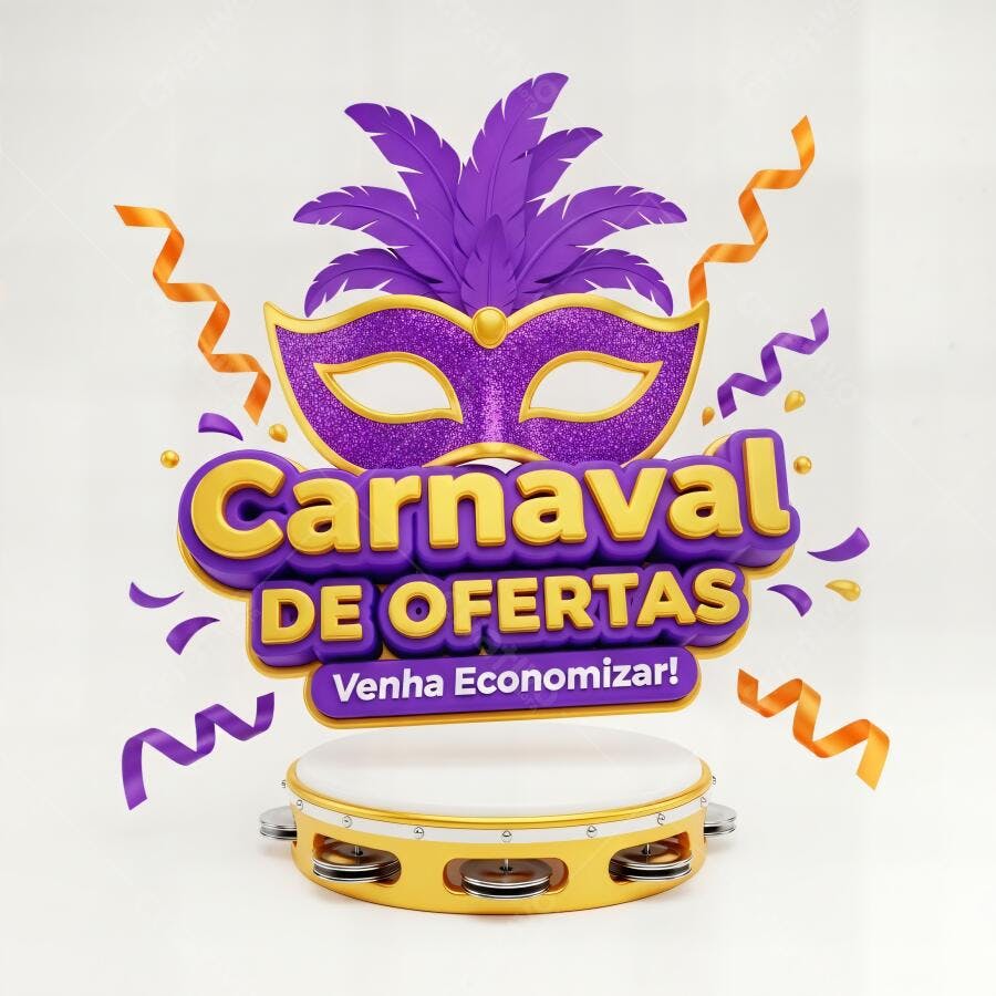 Carnaval de Ofertas máscara roxa brilho tamborim dourado para promoções