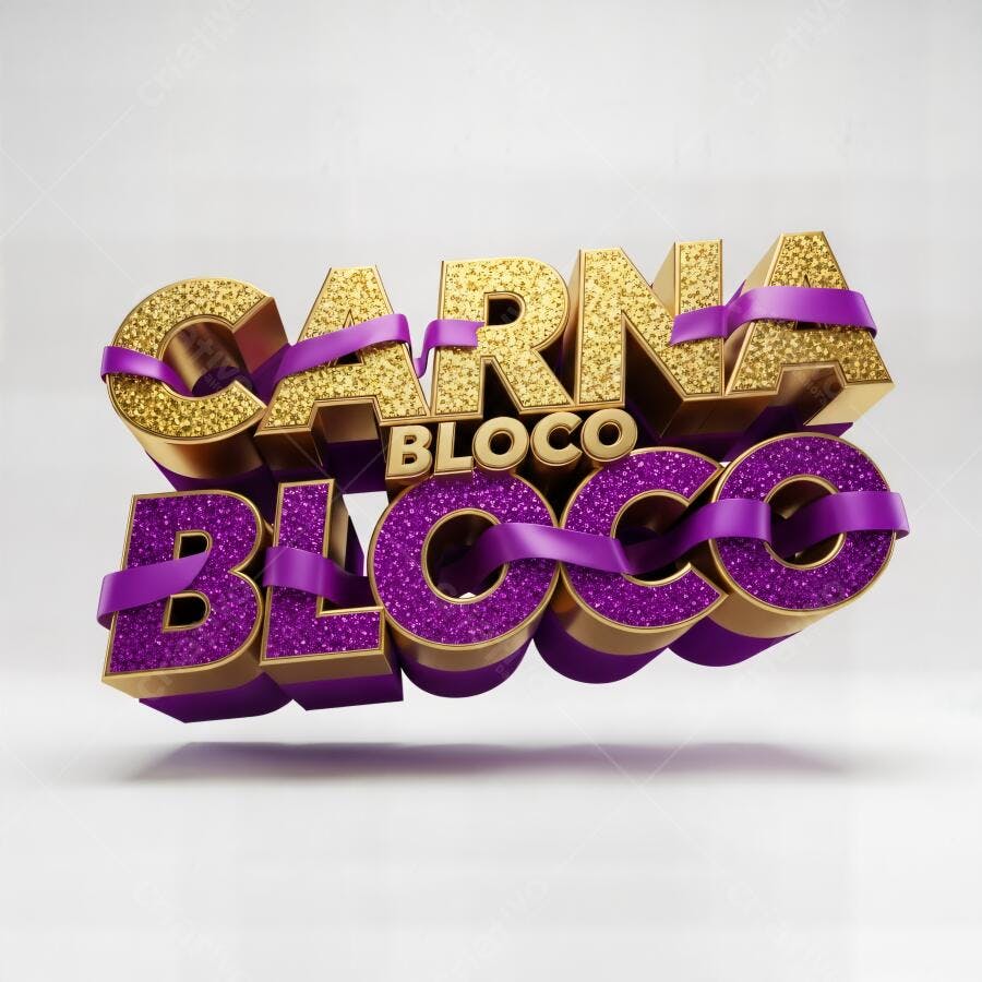 Texto 3D Carnavalesco dourado e roxo glitter para Bloco de Rua