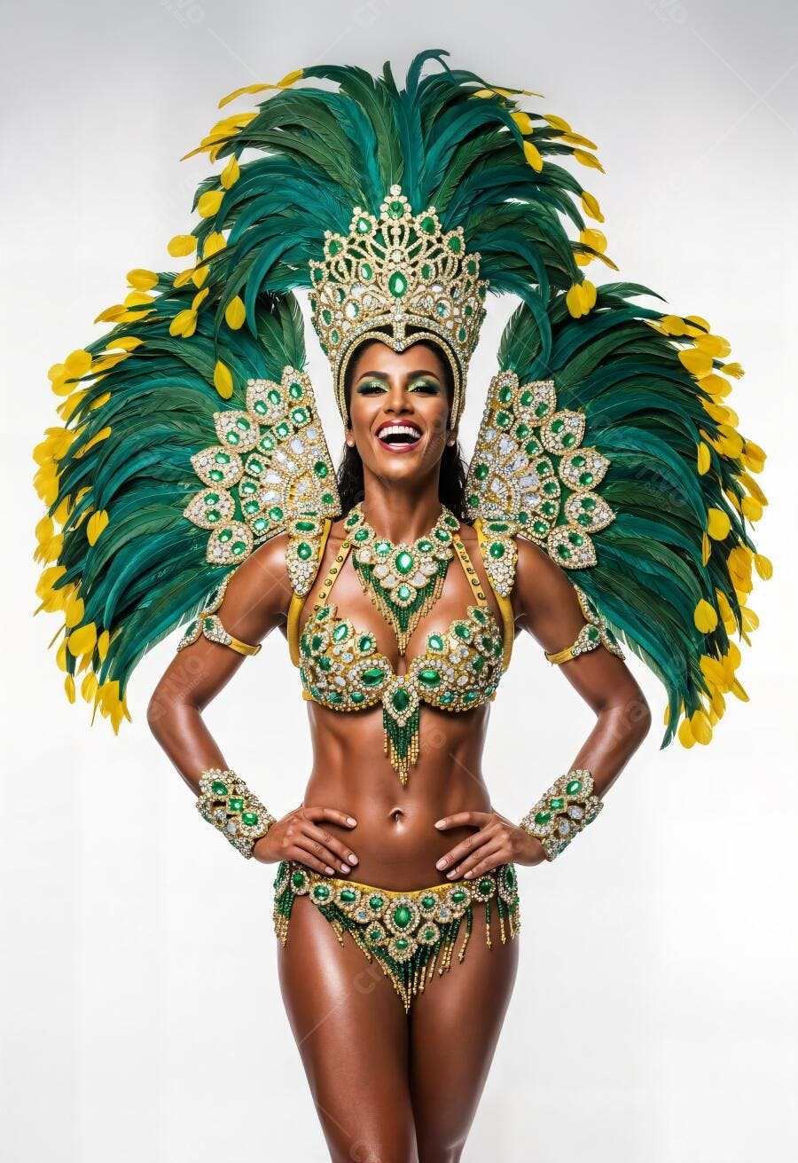 Passista de samba brasileira sorrindo com fantasia exuberante verde e dourada
