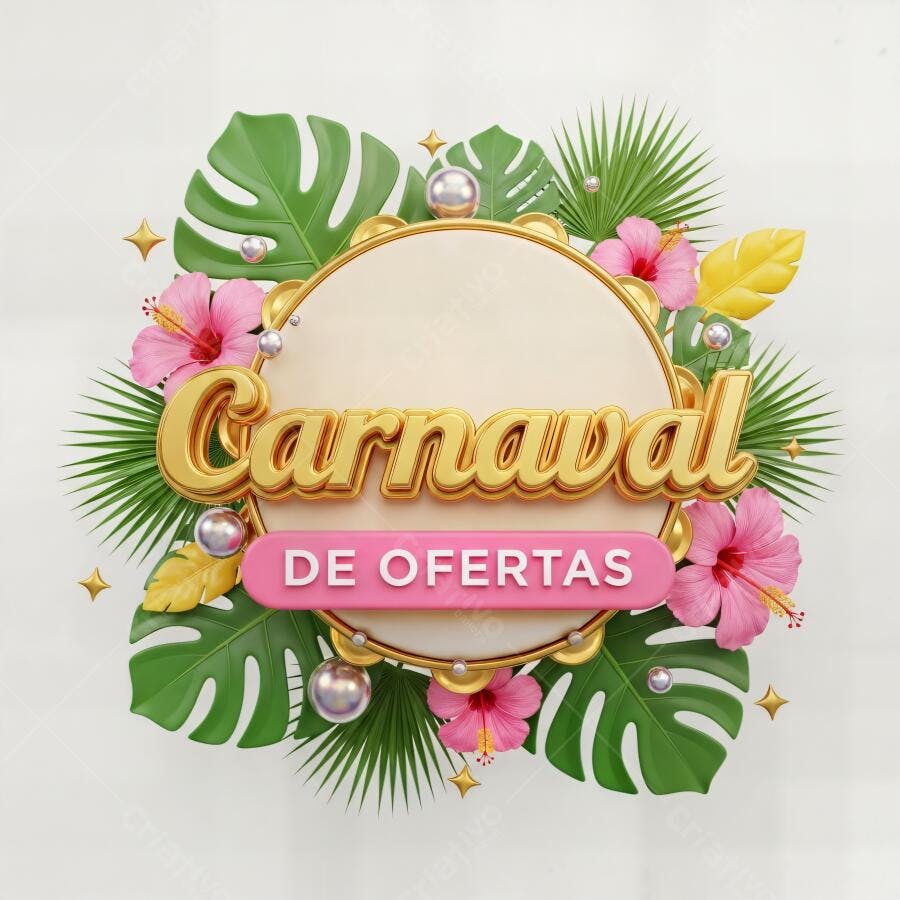 Carnaval de Ofertas em 3D dourado com folhagem tropical e flores rosa