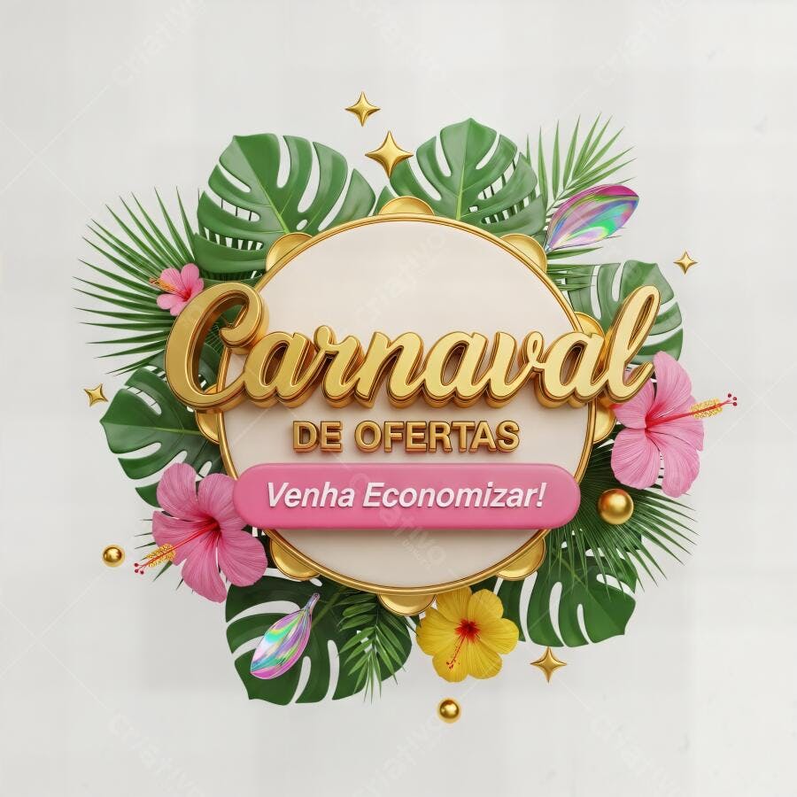 Banner promocional Carnaval de Ofertas com flores tropicais e texto dourado 3D