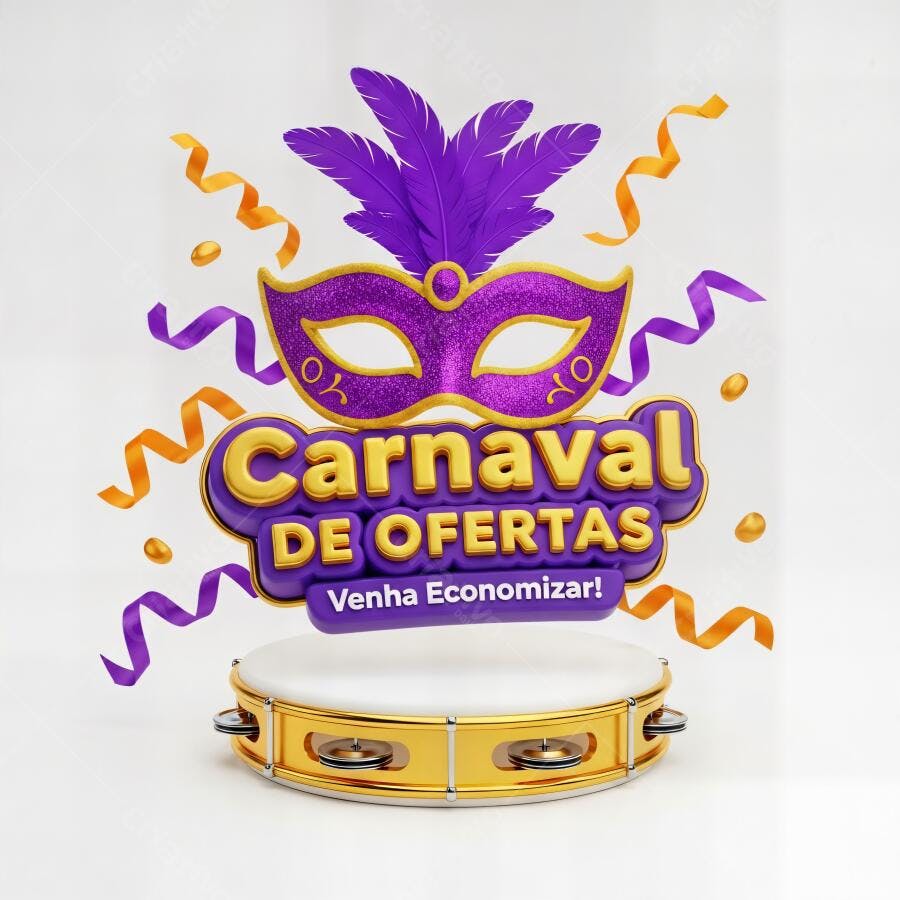 Máscara de Carnaval roxa com ofertas douradas e tamborim em fundo branco