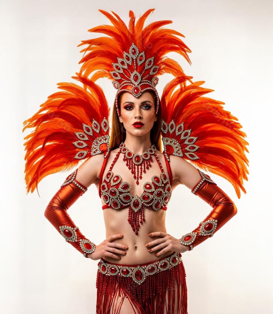 Mulher caucasiana em fantasia de carnaval vibrante em estúdio branco