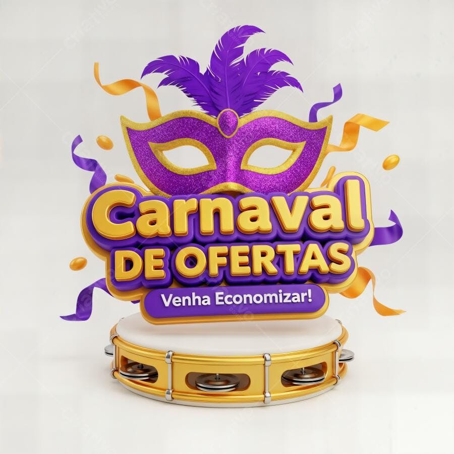 Carnaval de Ofertas promoção digital com máscara roxa penas e tamborim