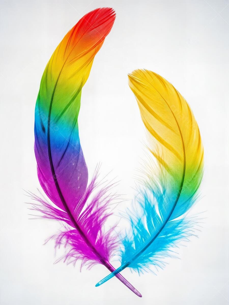 Duas penas coloridas com gradiente arco-íris sobre fundo branco