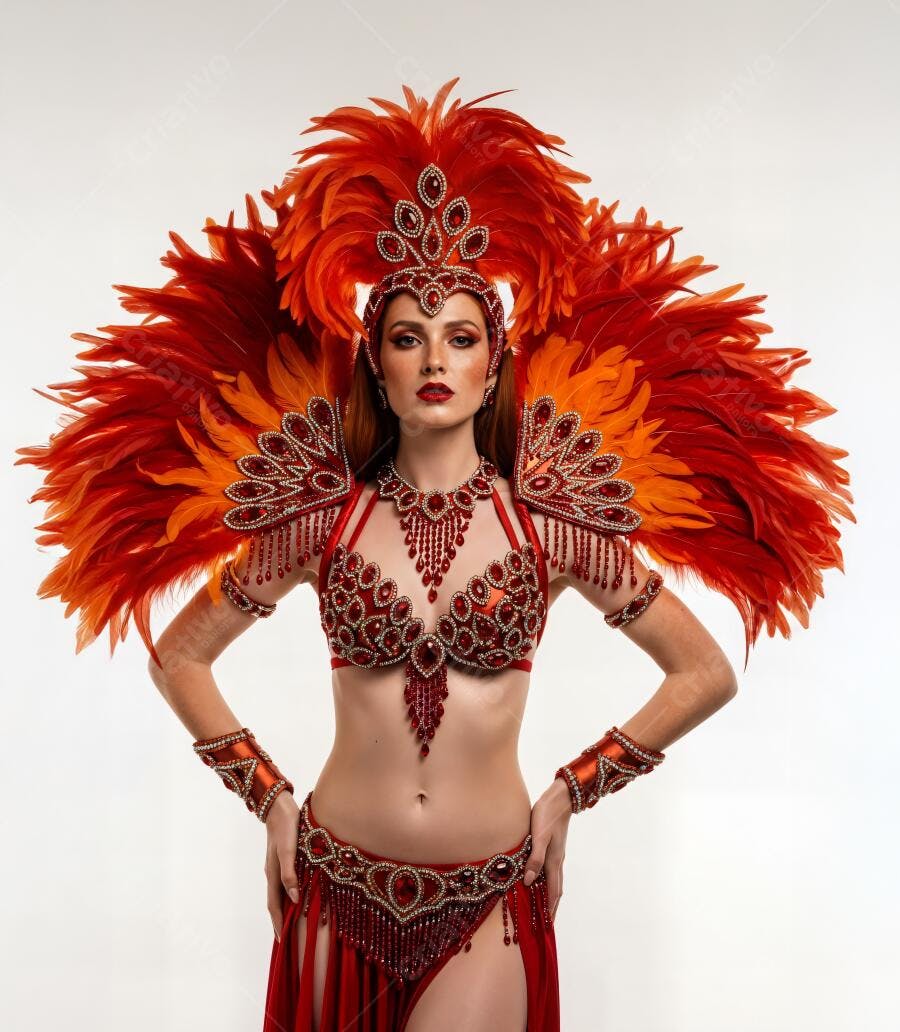 Mulher caucasiana em luxuosa fantasia de carnaval vermelho e laranja Studio shot