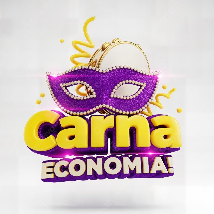 Máscara de carnaval roxa com tamborim e texto Carna Economia 3D