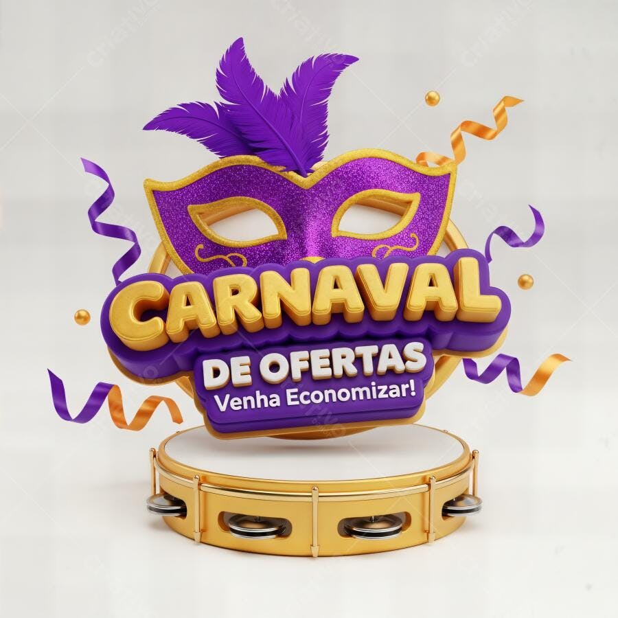 Promoção de Carnaval de Ofertas com máscara roxa e tamborim