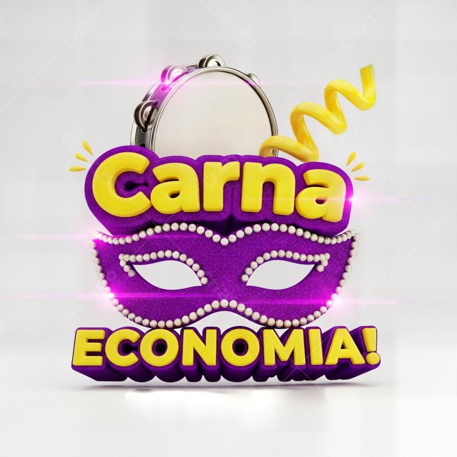 Palavras 3D Carna Economia roxas e amarelas com máscara de carnaval e pandeiro