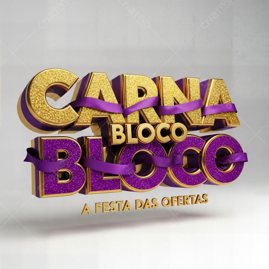 Texto 3D CARNA BLOCO dourado e roxo com glitter promoção de ofertas de Carnaval