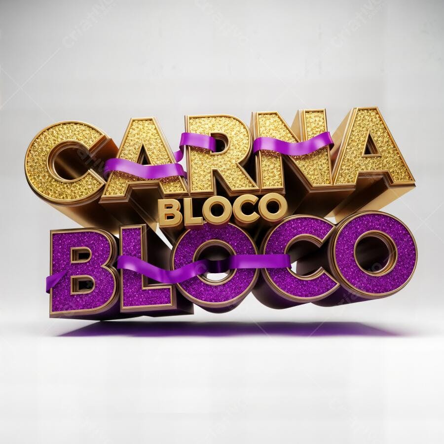 Letras 3D Carnaval Bloco dourado e roxo com glitter em fundo branco festivo