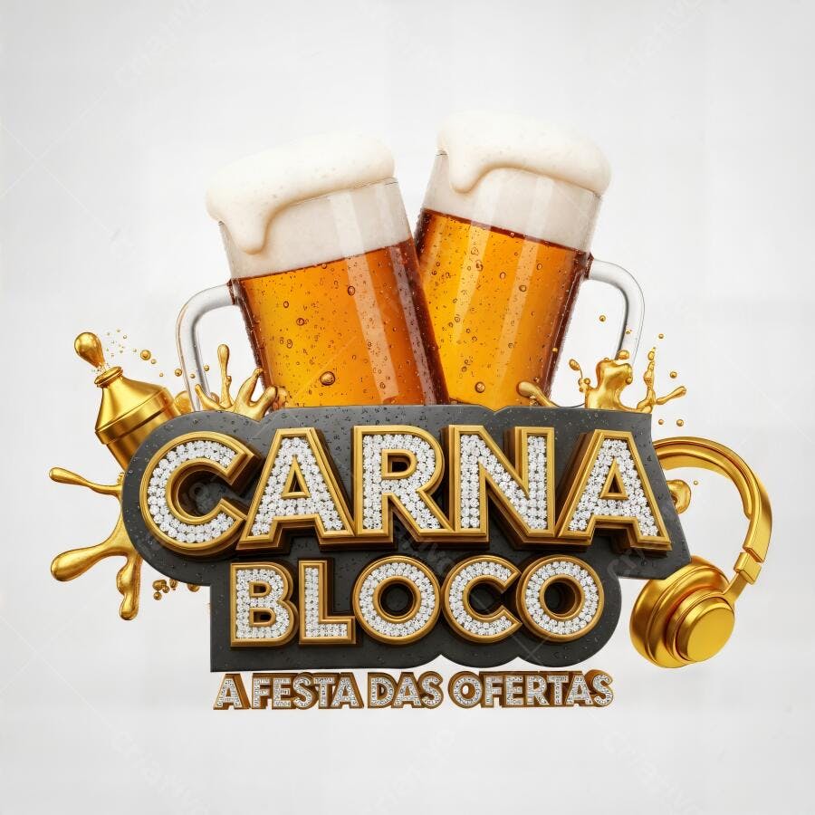 Carna Bloco festa de ofertas com cerveja dourada fone e buzina 3D