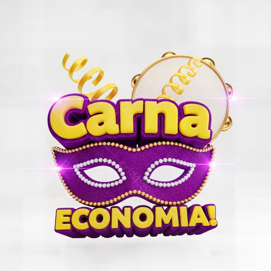 Máscara de Carnaval roxa com texto Carna Economia e pandeiro dourado