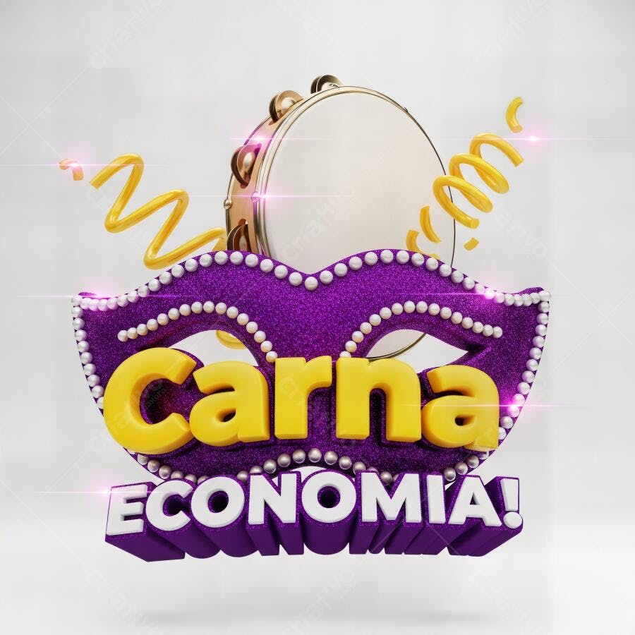 Carnaval Economia máscara roxa pandeiro e confetes amarelos 3D