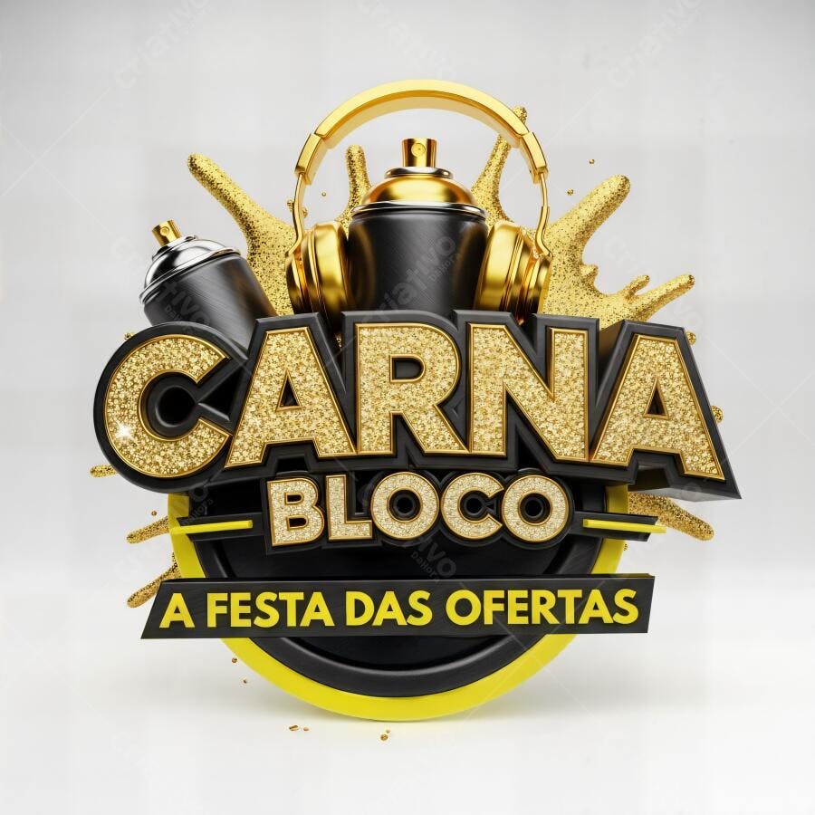 Carnabloco Festa das Ofertas 3D com fone de ouvido e spray preto e dourado
