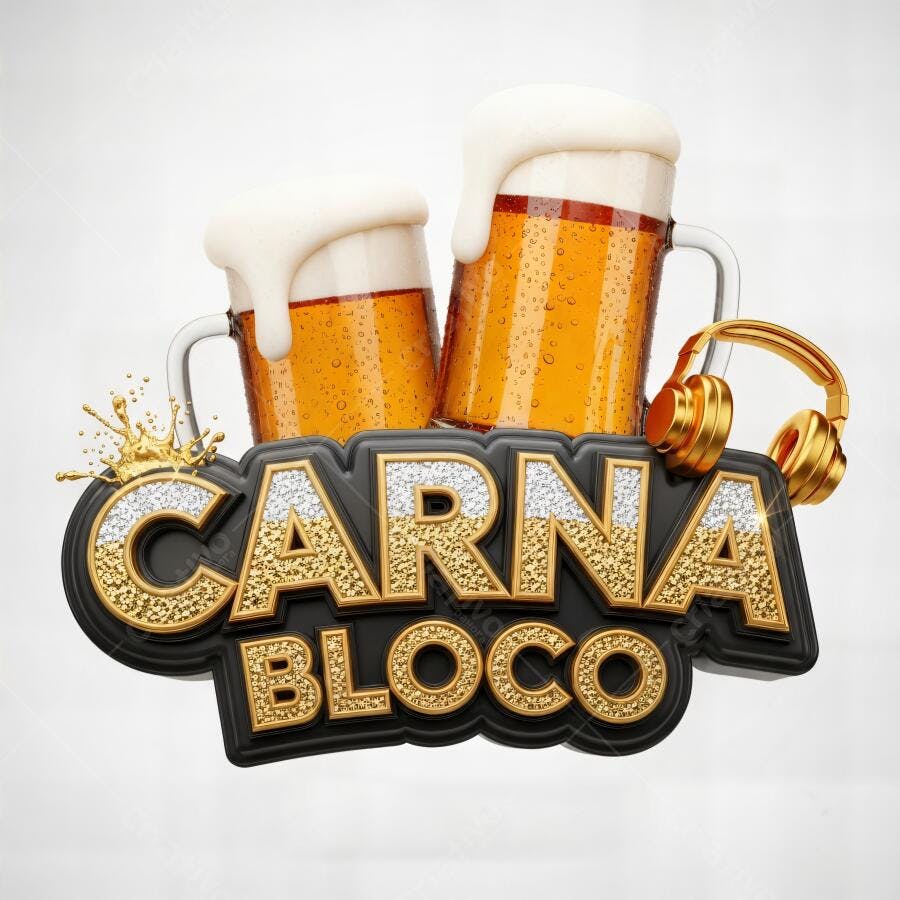Bloco de Carnaval 3D com cervejas geladas transbordando e fones dourados