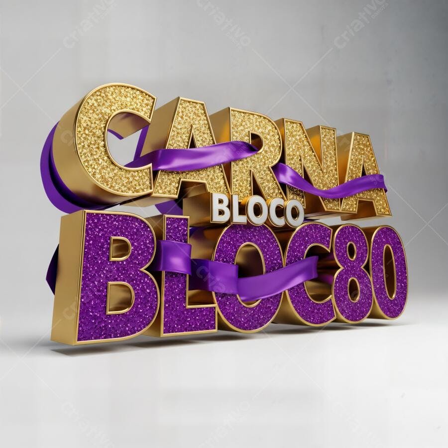 Carnaval Bloco 80 texto 3D dourado e roxo com brilho festa