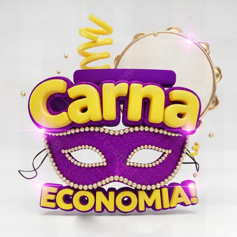 Carnaval Economia texto 3D máscara roxa glitter e tamborim