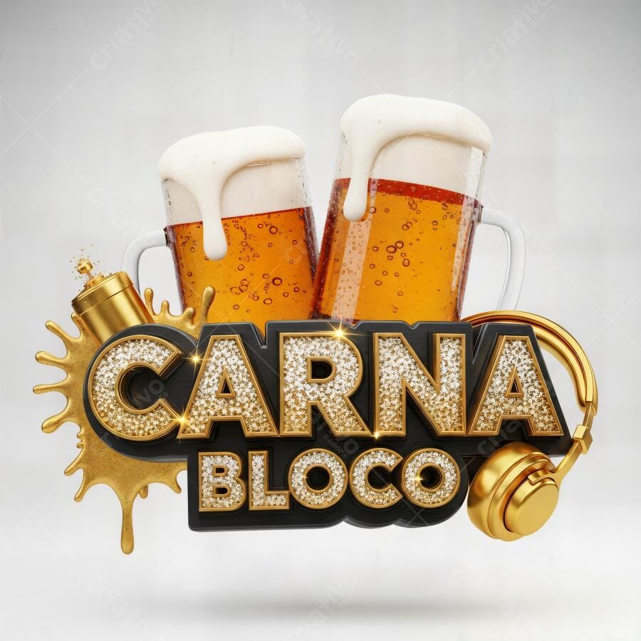 Carnaval Bloco 3D dourado com cervejas e fones de ouvido festivos