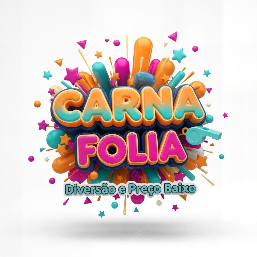 Carna Folia título 3D colorido vibrante com estrelas e apito para Carnaval