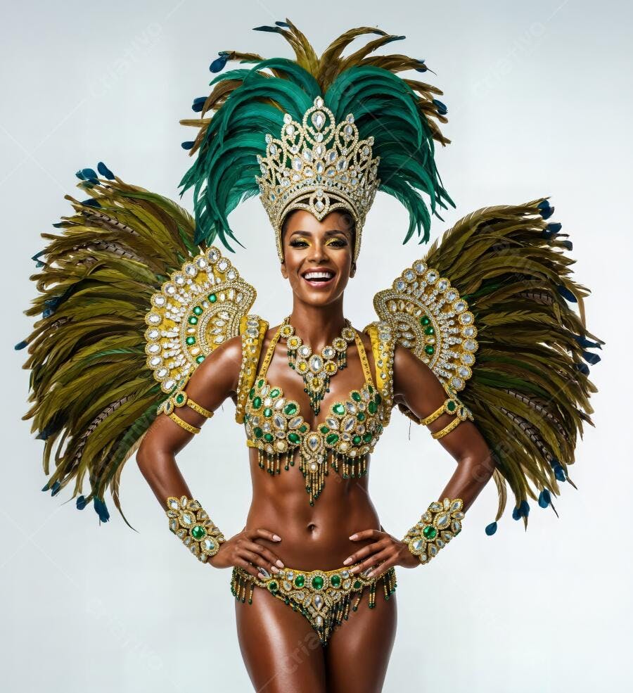 Mulher negra passista de carnaval sorrindo com fantasia verde e dourada luxuosa em estúdio