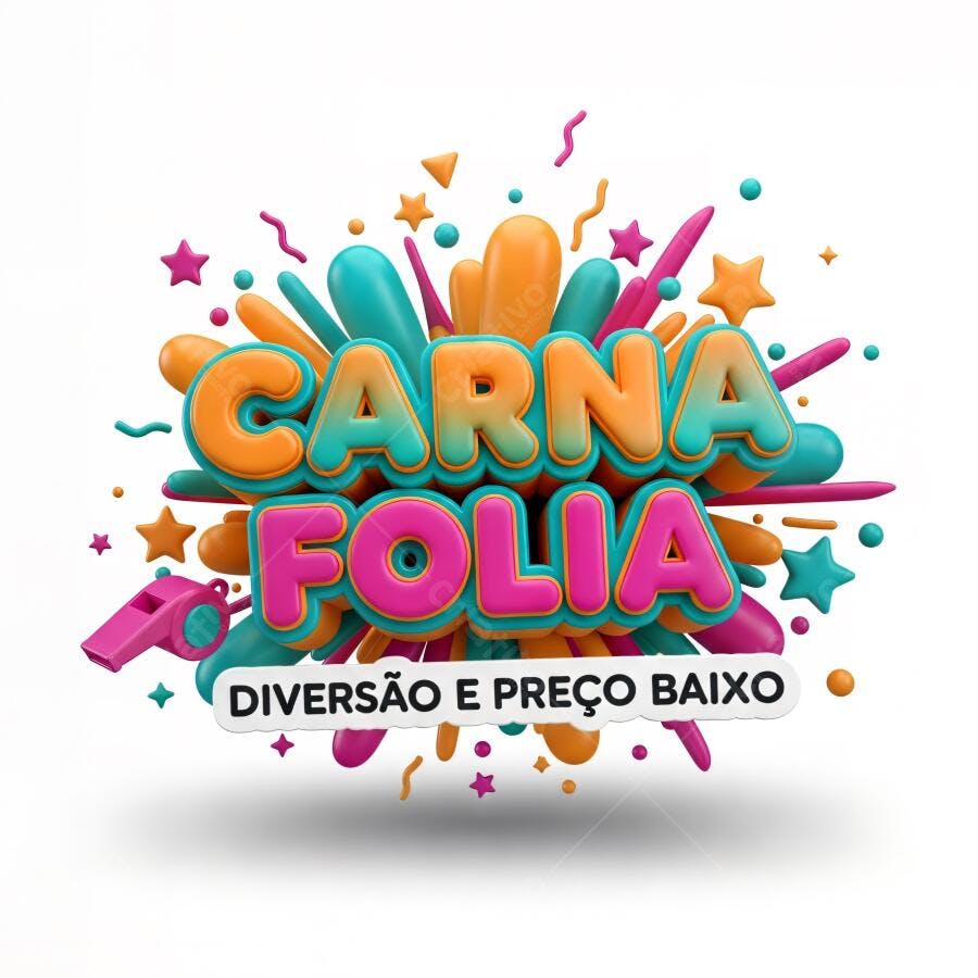Carna Folia 3D letras coloridas laranja rosa turquesa com apito festivo