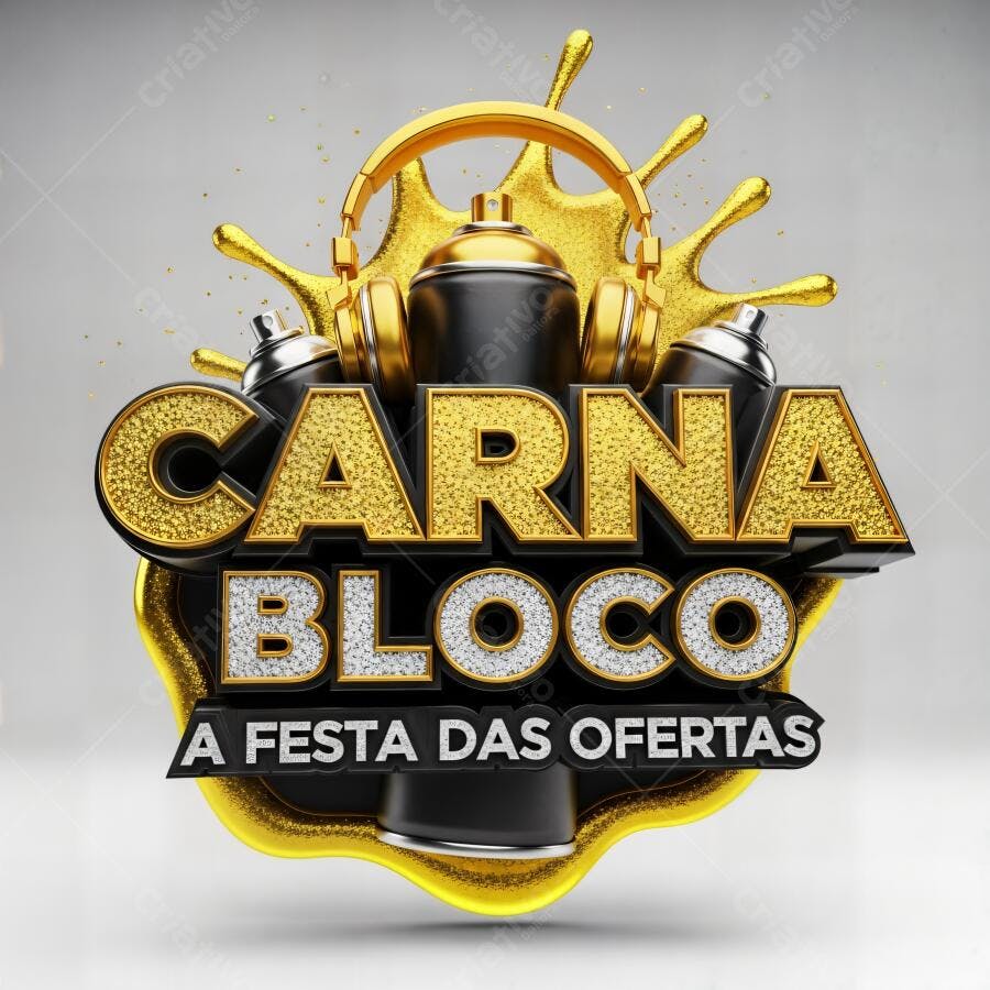 Carna Bloco render 3D A Festa das Ofertas com fones e tinta spray dourada