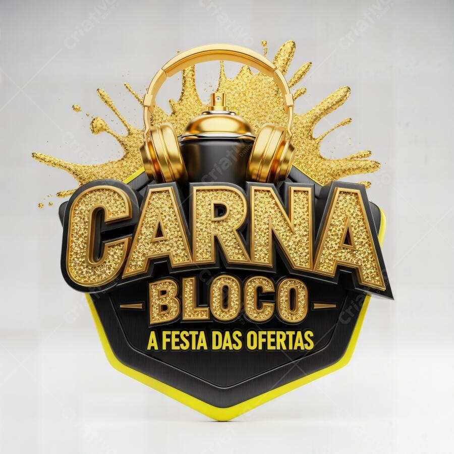 Carna Bloco Festa das Ofertas com fones de ouvido dourados e glitter