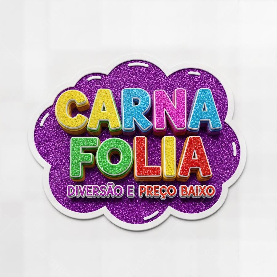Logotipo Carna Folia vibrante com glitter para festa e promoção de carnaval