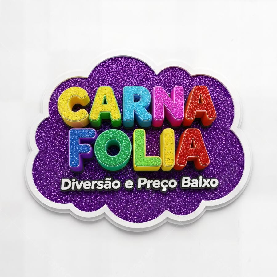 Logotipo Carnafolia 3D colorido com brilho roxo para promoção