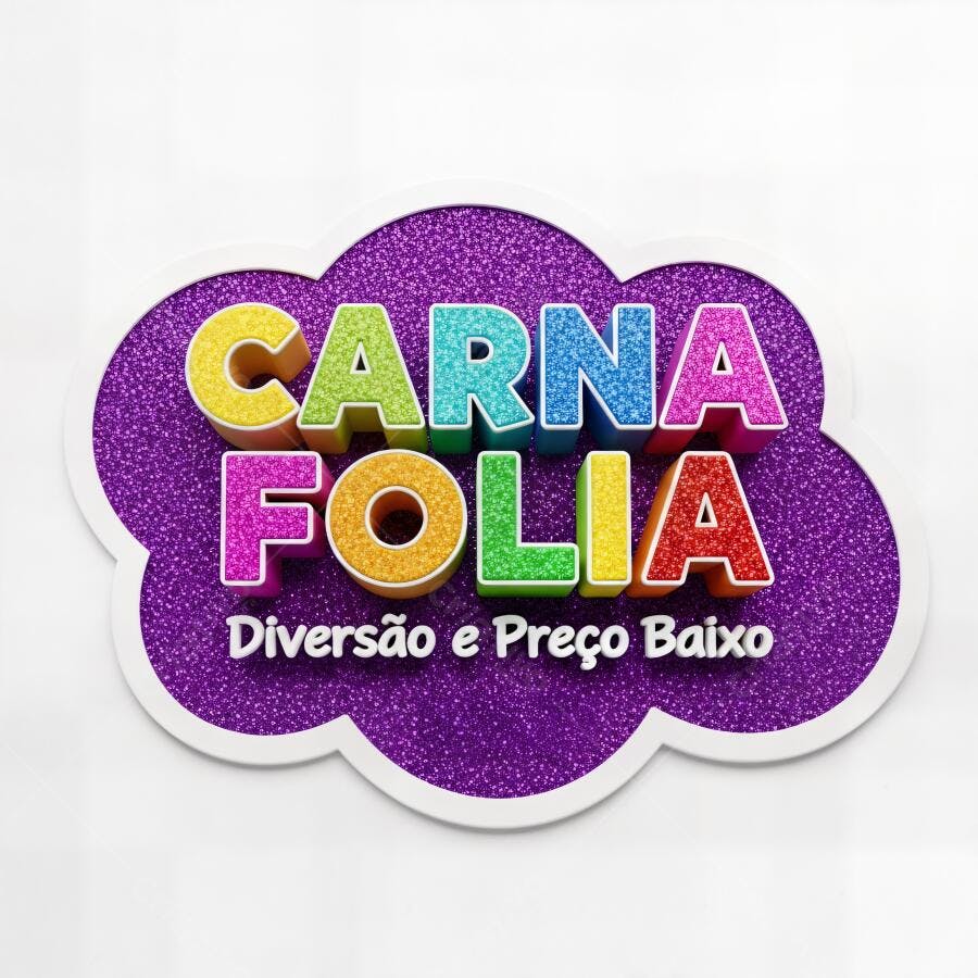Carna Folia letras 3D glitter coloridas fundo roxo campanha de carnaval