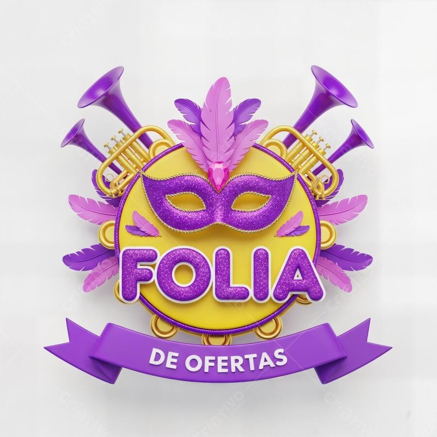 Folia de Ofertas Carnaval máscara roxa e dourada com trombetas e penas